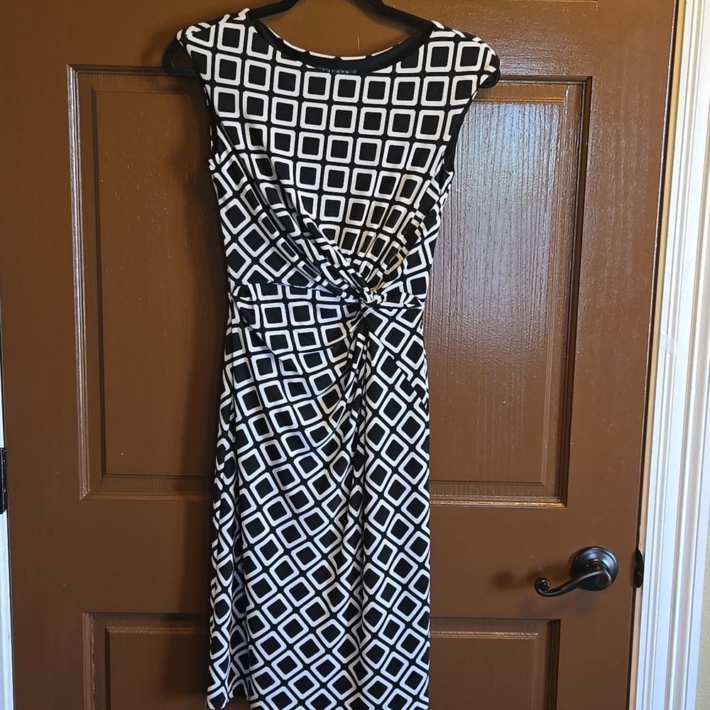 Ralph Lauren-Blk/white square print sleeveless jersey side draped dress Sz 0P